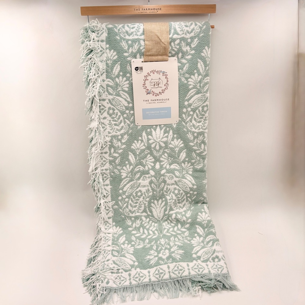 The Farmhouse Rachel Ashwell Sage Green Rabbit Floral Woven Throw Blanket Easter